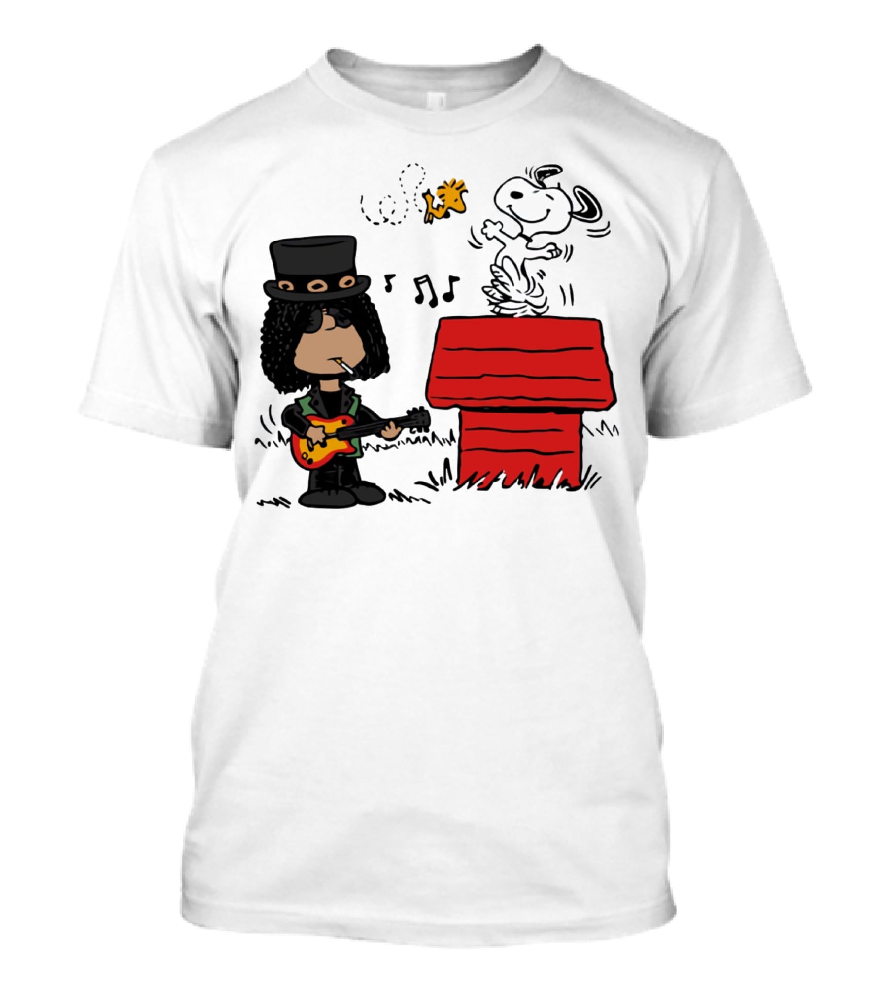 Slash Style Guitarist With Snoopy And Woodstock Playing Music T-Shirt