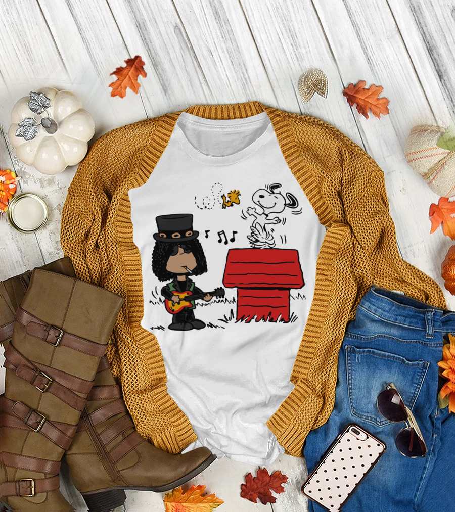 Slash Style Guitarist with Snoopy and Woodstock Playing Music T-Shirt