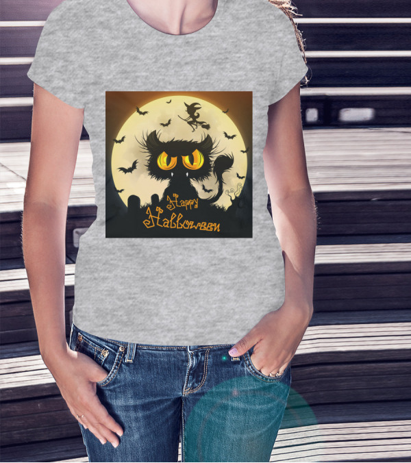 Starry Halloween Cat With Witch And Bats T-Shirt