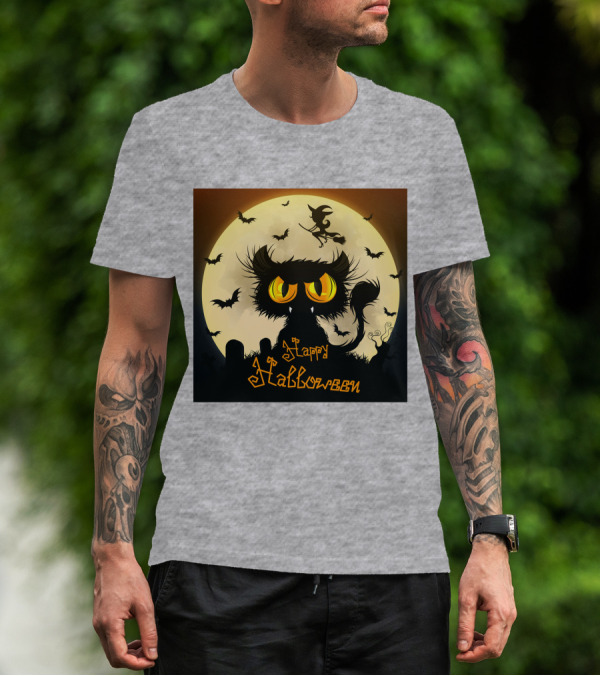Starry Halloween Cat With Witch And Bats T-Shirt