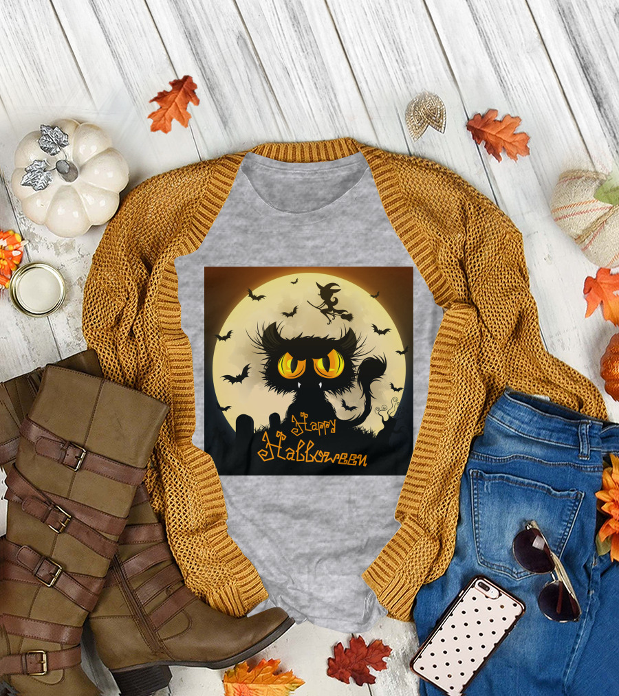 Starry Halloween Cat with Witch and Bats T-Shirt