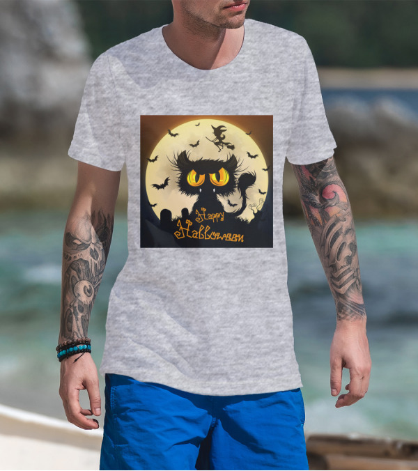 Starry Halloween Cat With Witch And Bats T-Shirt
