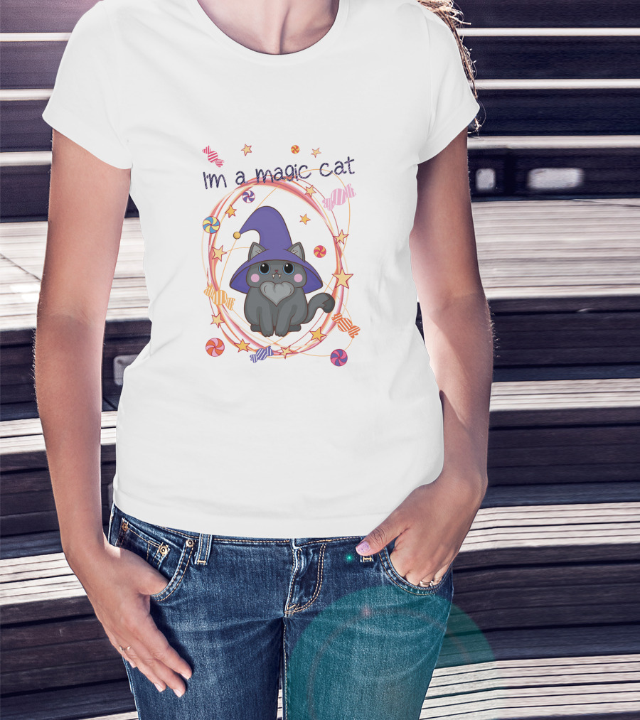 I'm A Magic Cat Wizard Hat Candy Stars T-Shirt