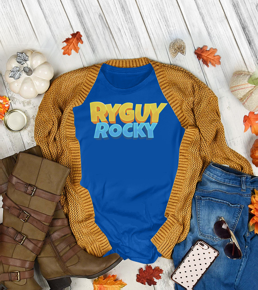 RYGUYROCKY Bold Text Logo Blue Background T-Shirt