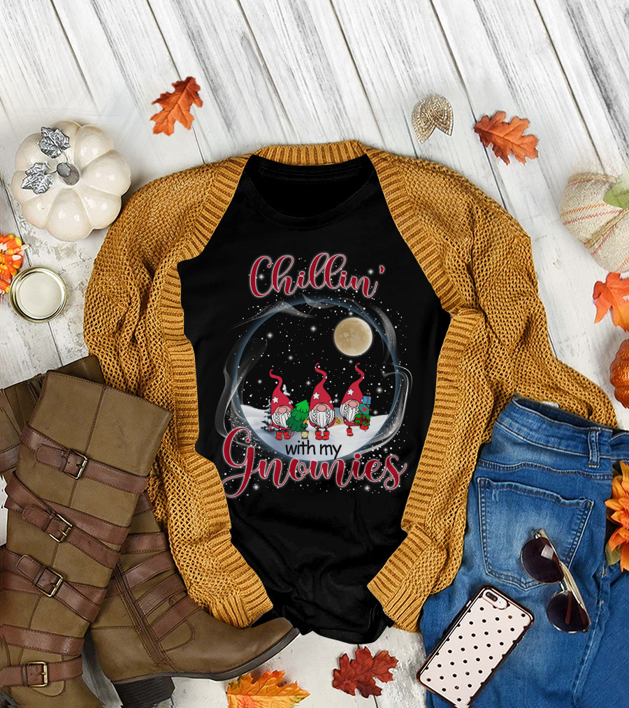 Chillin with My Gnomies Under the Moonlit Snowy Night with Stars T-Shirt