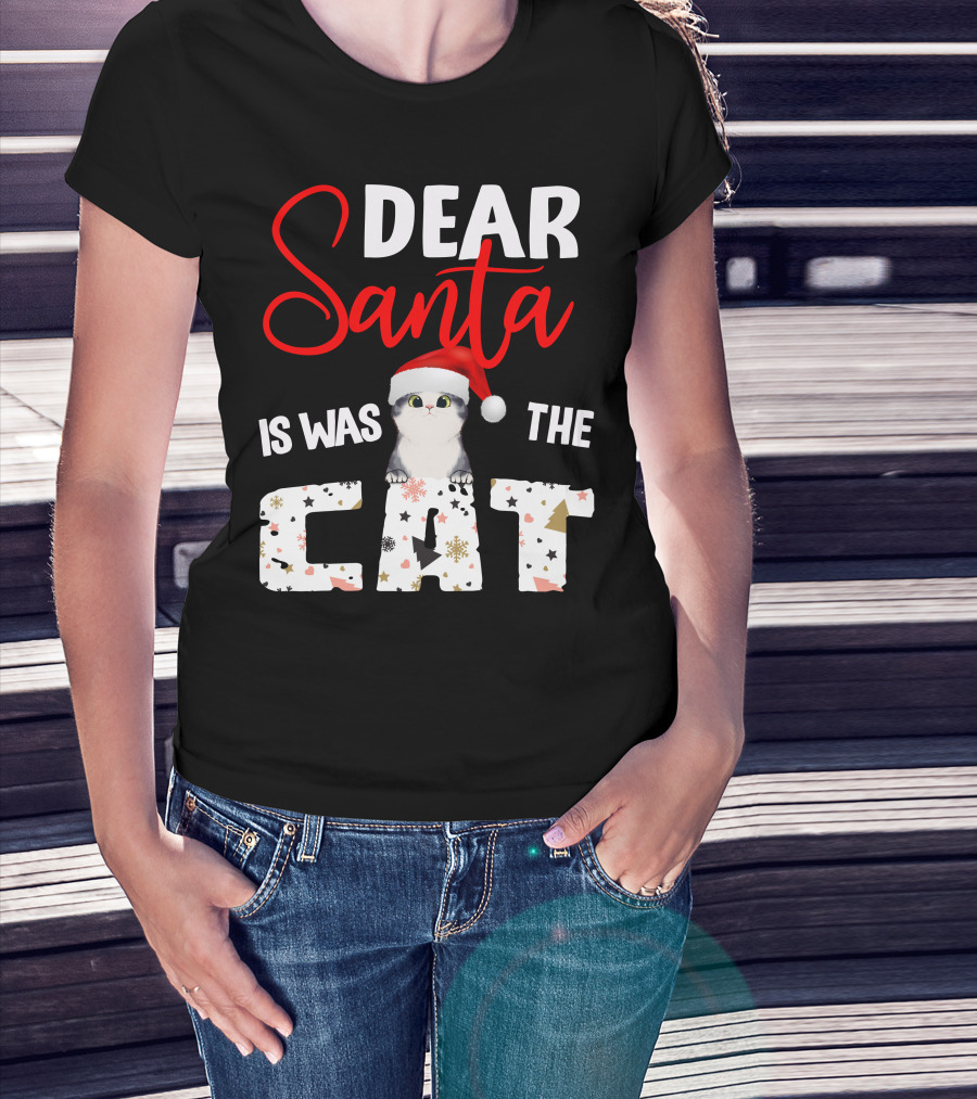 Dear Santa Cute Cat In Santa Hat Holiday Christmas T-Shirt