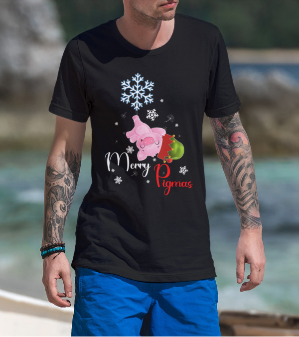 Merry Pigmas Pig Hanging From Snowflake With Santa Hat And Snowflakes T-Shirt