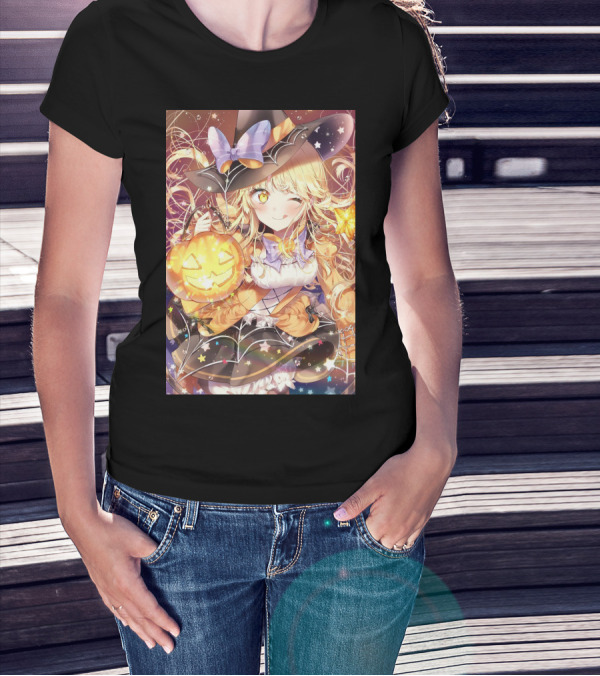 Anime Halloween Witch Girl With Pumpkin Lantern And Stars T-Shirt