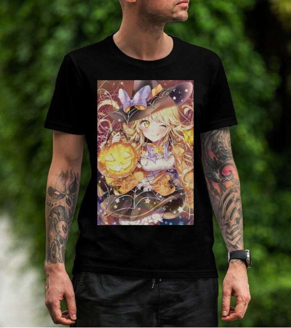 Anime Halloween Witch Girl With Pumpkin Lantern And Stars T-Shirt