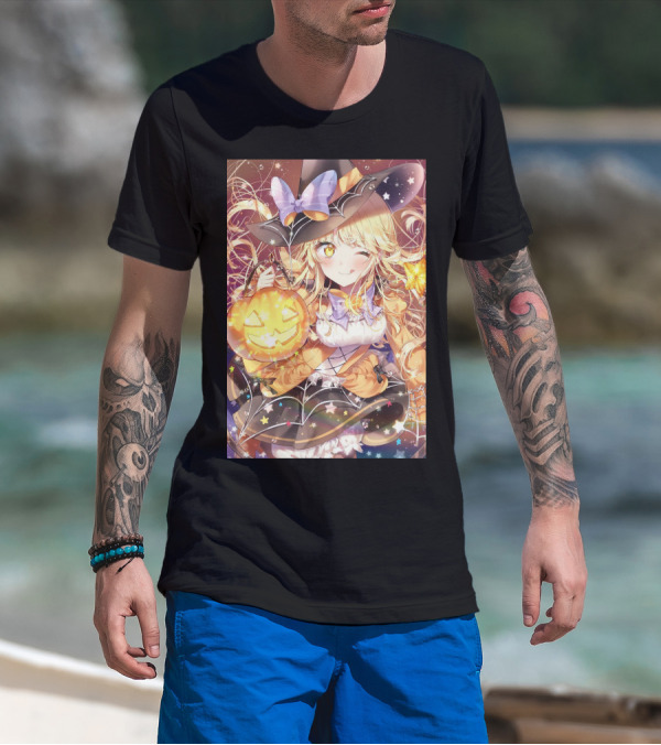 Anime Halloween Witch Girl With Pumpkin Lantern And Stars T-Shirt