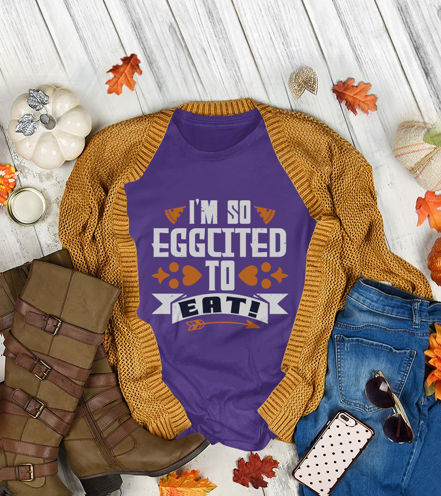 I'm So Eggcited to Eat Fun Playful Foodie Text Pizza Slice and Fish Icons T-Shirt