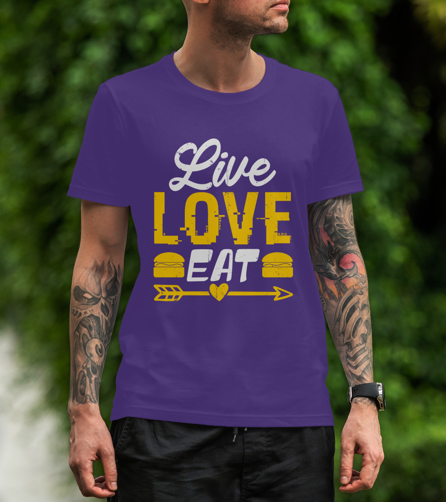 Live Love Eat With Burgers And Heart Arrow On Red T-Shirt
