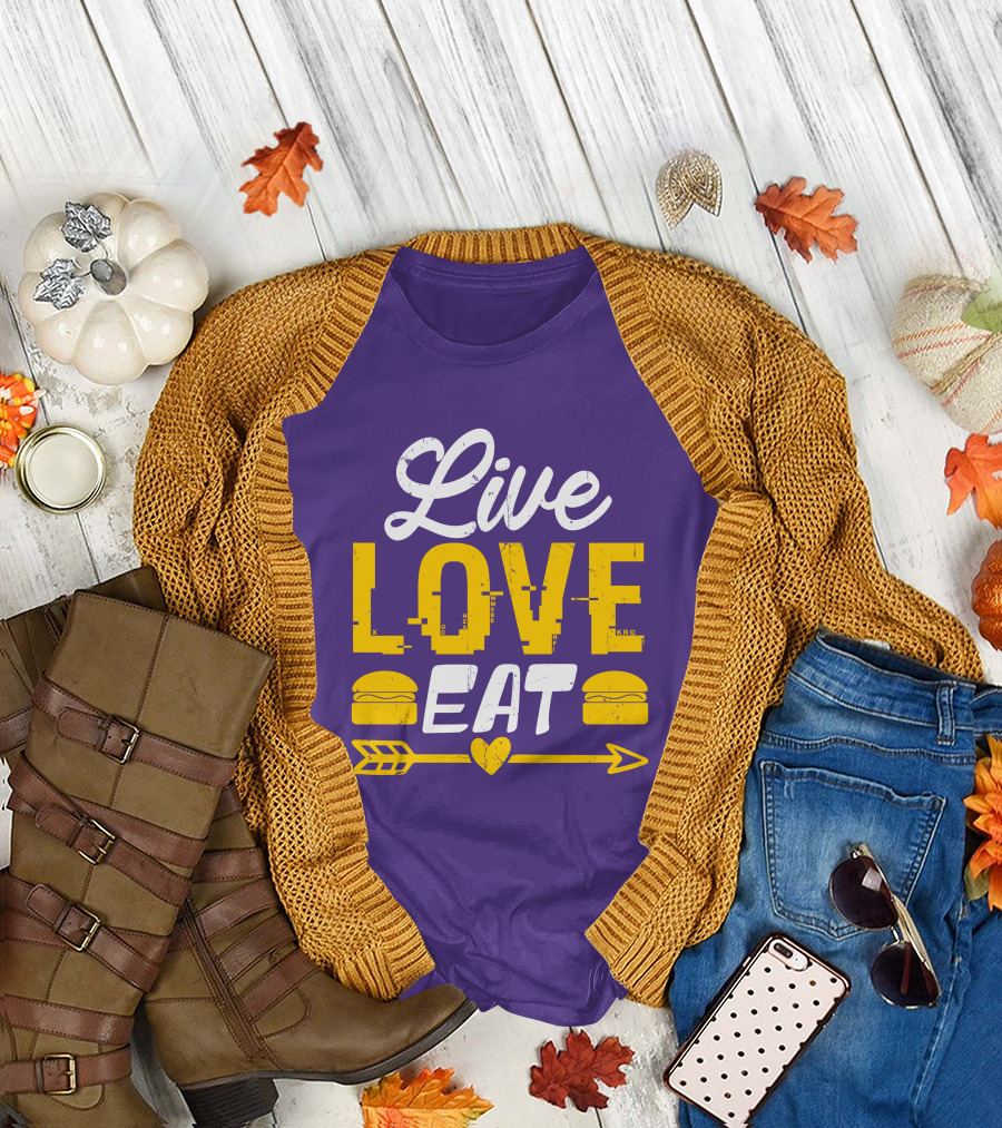 Live Love Eat with Burgers and Heart Arrow on Red T-Shirt