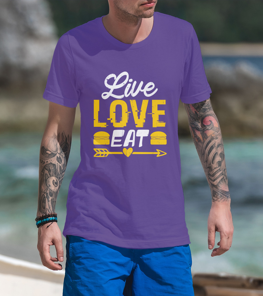 Live Love Eat With Burgers And Heart Arrow On Red T-Shirt