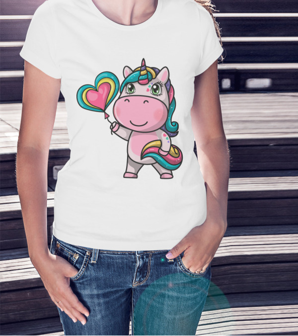 Magical Unicorn Holding Heart Balloon T-Shirt