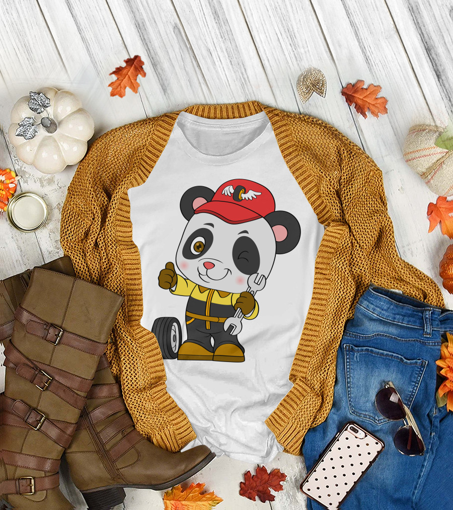 Mechanic Panda Thumbs Up with Wrench and Tire T-Shirt