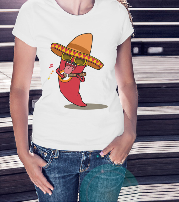 Mexican Chili Pepper Playing Guitar In Sombrero T-Shirt