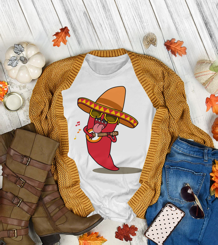Mexican Chili Pepper Playing Guitar in Sombrero T-Shirt