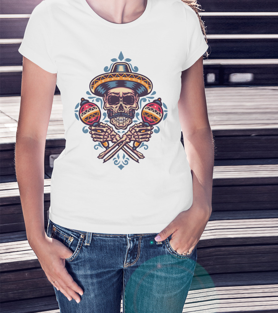 Sombrero Skull With Maracas Mexican T-Shirt