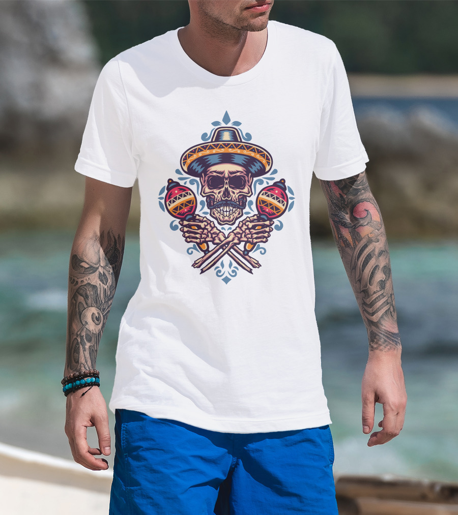 Sombrero Skull With Maracas Mexican T-Shirt