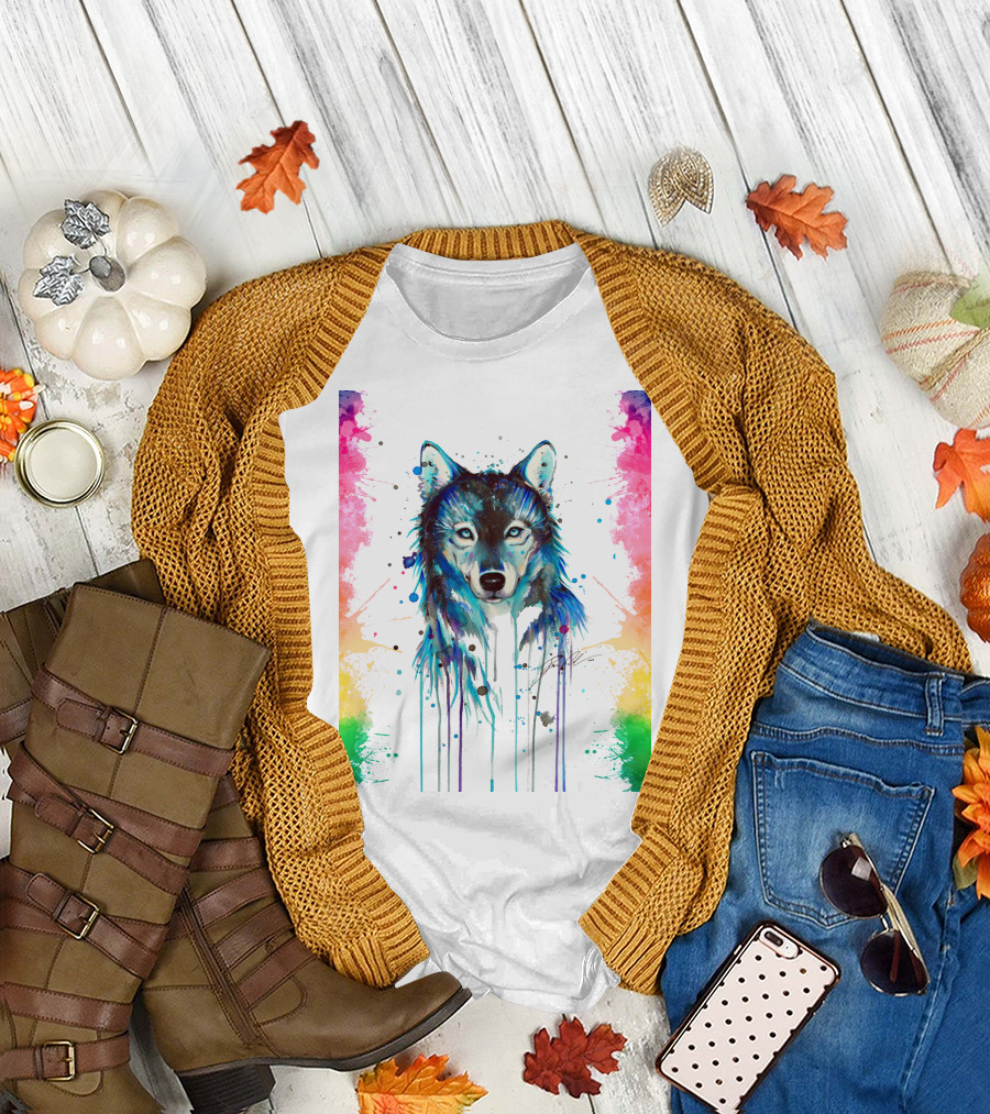 The Wolf Painting Colorful Watercolor T-Shirt