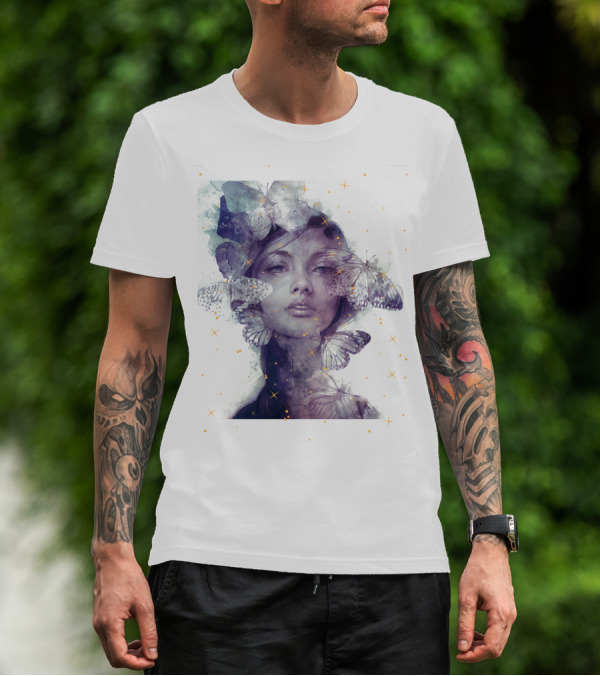 Butterfly And Girl Dreamy Watercolor Portrait With Stars T-Shirt