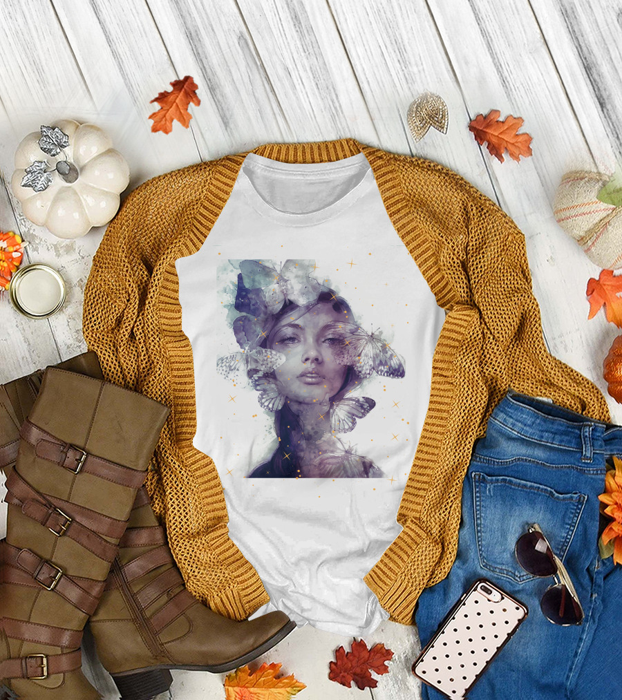 Butterfly and Girl Dreamy Watercolor Portrait with Stars T-Shirt