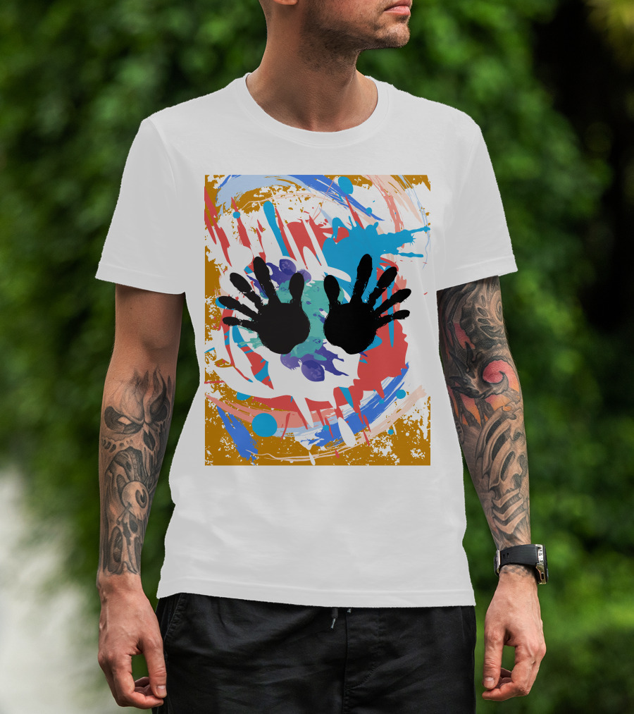 Colorful Splash With Black Handprints T-Shirt