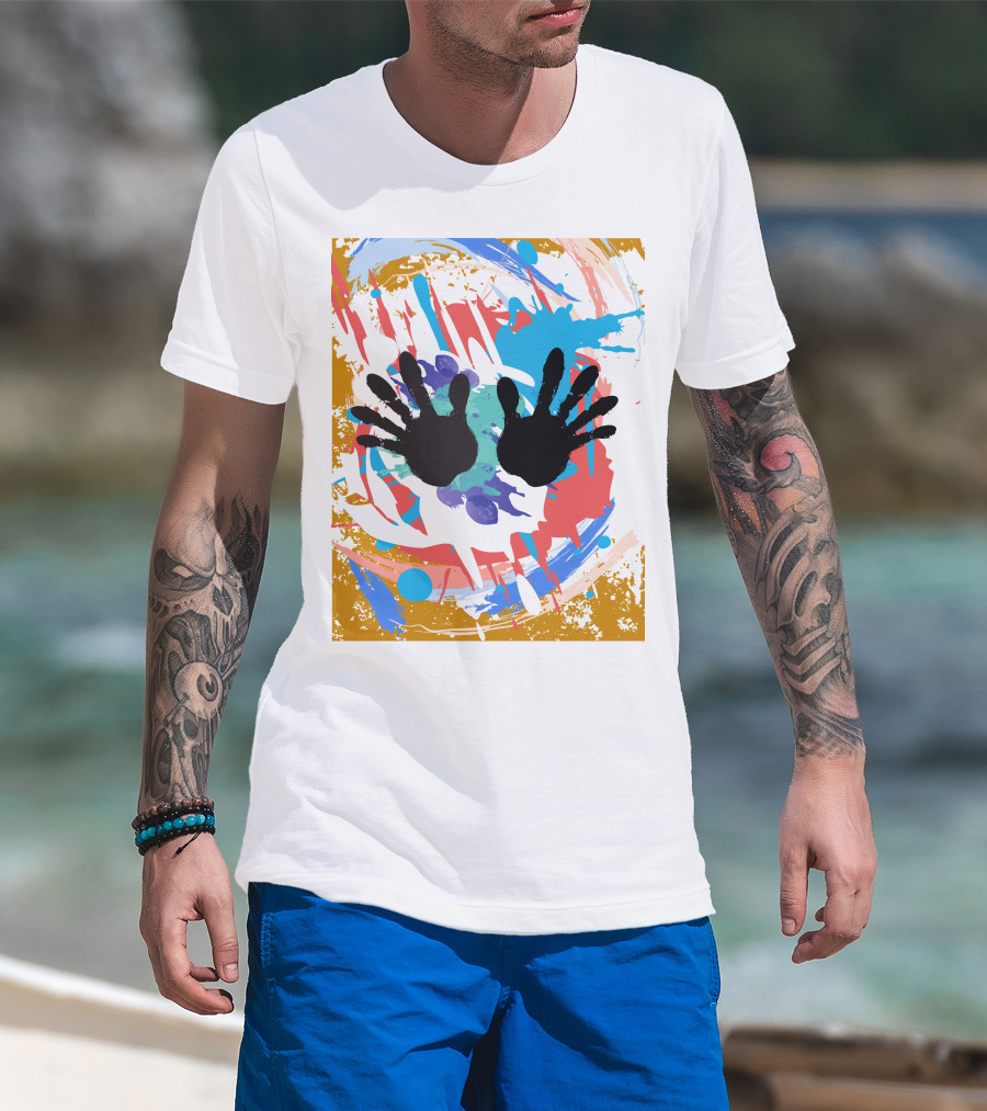 Colorful Splash With Black Handprints T-Shirt
