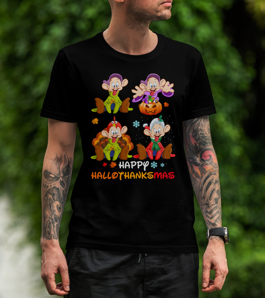 Happy Hallothanksmas Dopey Pumpkin Turkey Santa T-Shirt