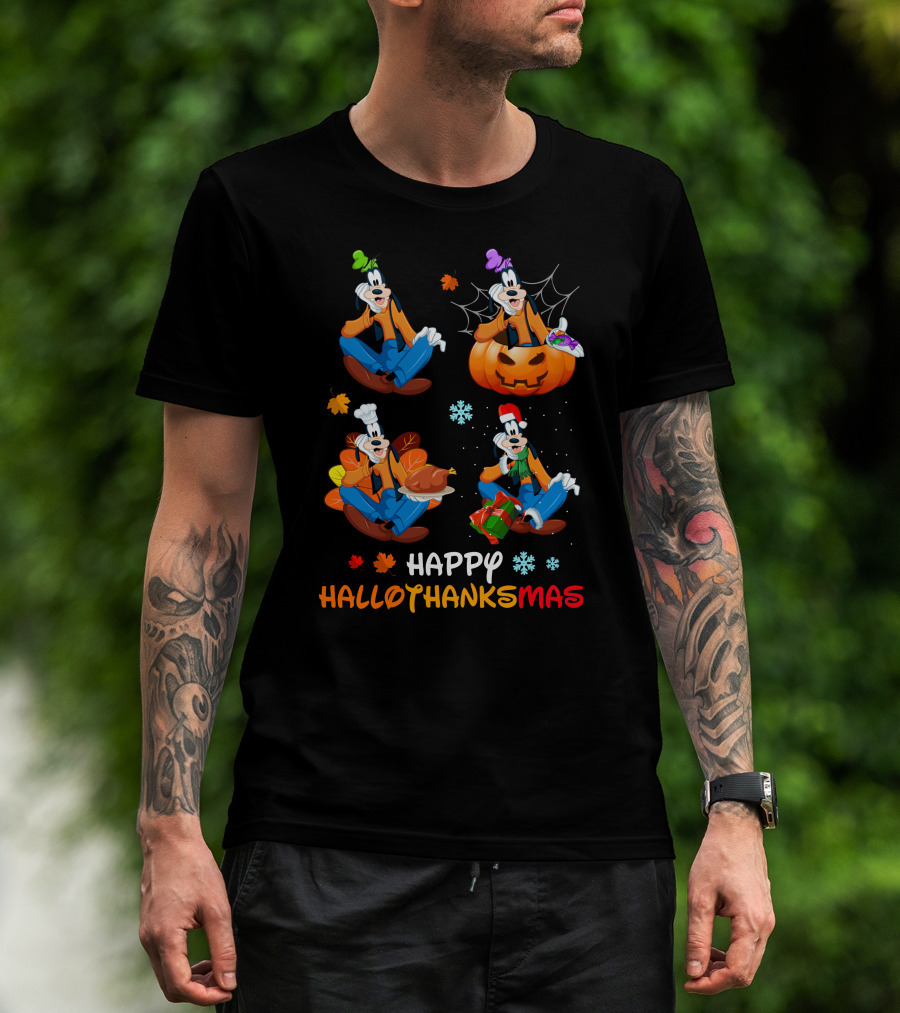 Happy Hallothanksmas Goofy Pumpkin Turkey Gift Leaves Snowflakes T-Shirt