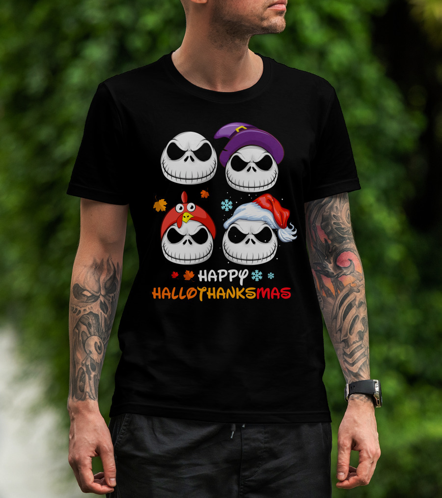 Happy Hallothanksmas Jack Faces With Witch Turkey Santa Hats T-Shirt