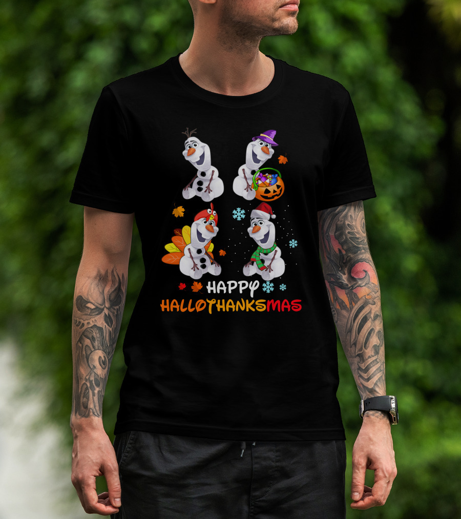 Happy Hallothanksmas Olaf Snowman Seasonal Celebration T-Shirt