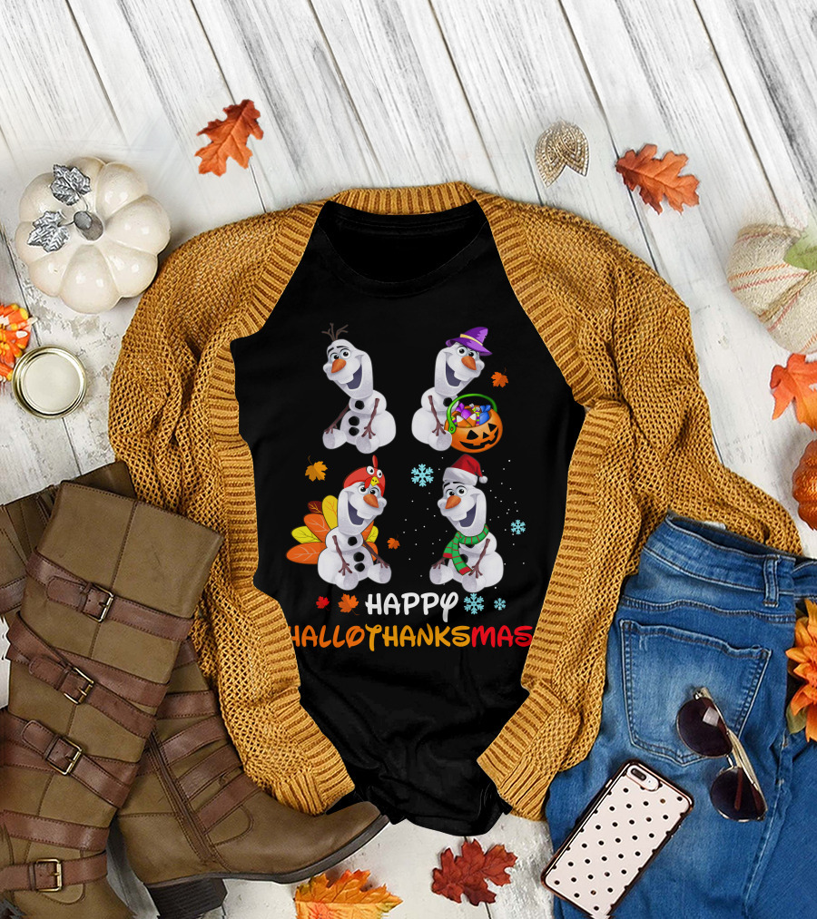 Happy Hallothanksmas Olaf Snowman Seasonal Celebration T-Shirt