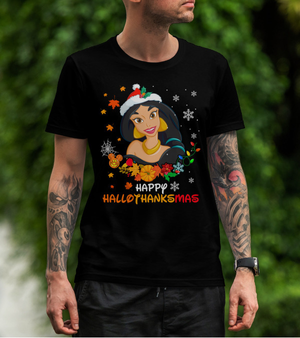 Jasmine Happy Hallothanksmas Snowflakes Autumn Leaves Santa Hat T-Shirt
