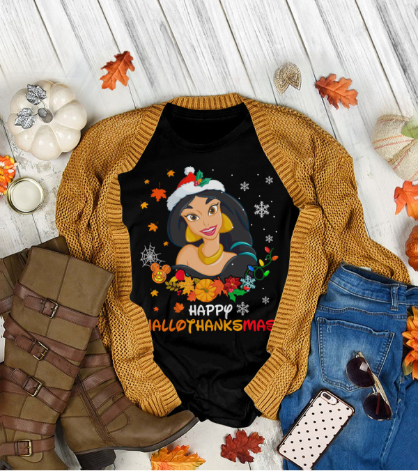 Jasmine Happy Hallothanksmas Snowflakes Autumn Leaves Santa Hat T-Shirt