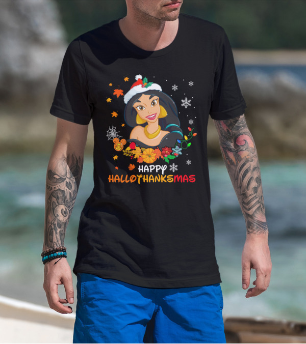 Jasmine Happy Hallothanksmas Snowflakes Autumn Leaves Santa Hat T-Shirt