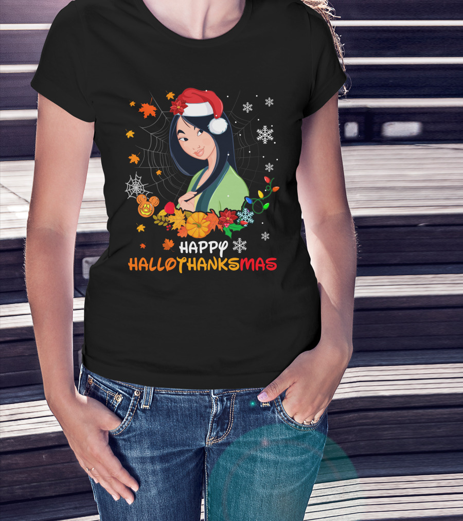 Happy Hallothanksmas Mulan Snowflakes Santa Hat Leaves T-Shirt