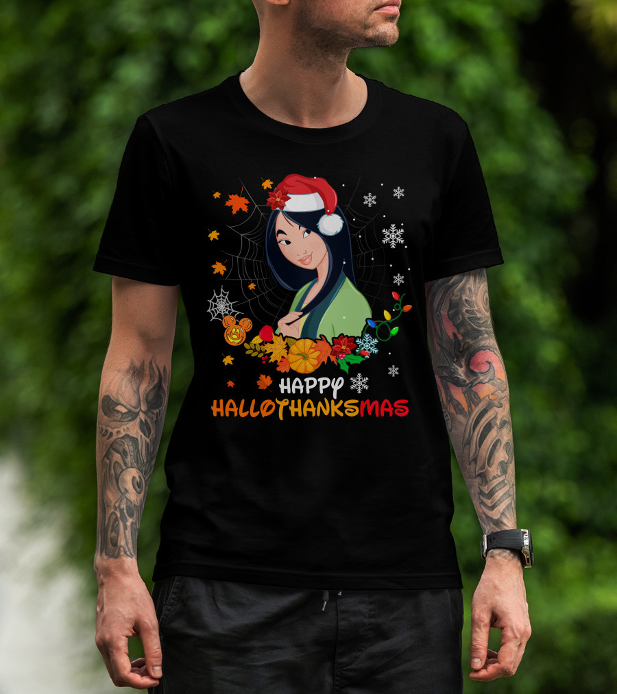 Happy Hallothanksmas Mulan Snowflakes Santa Hat Leaves T-Shirt