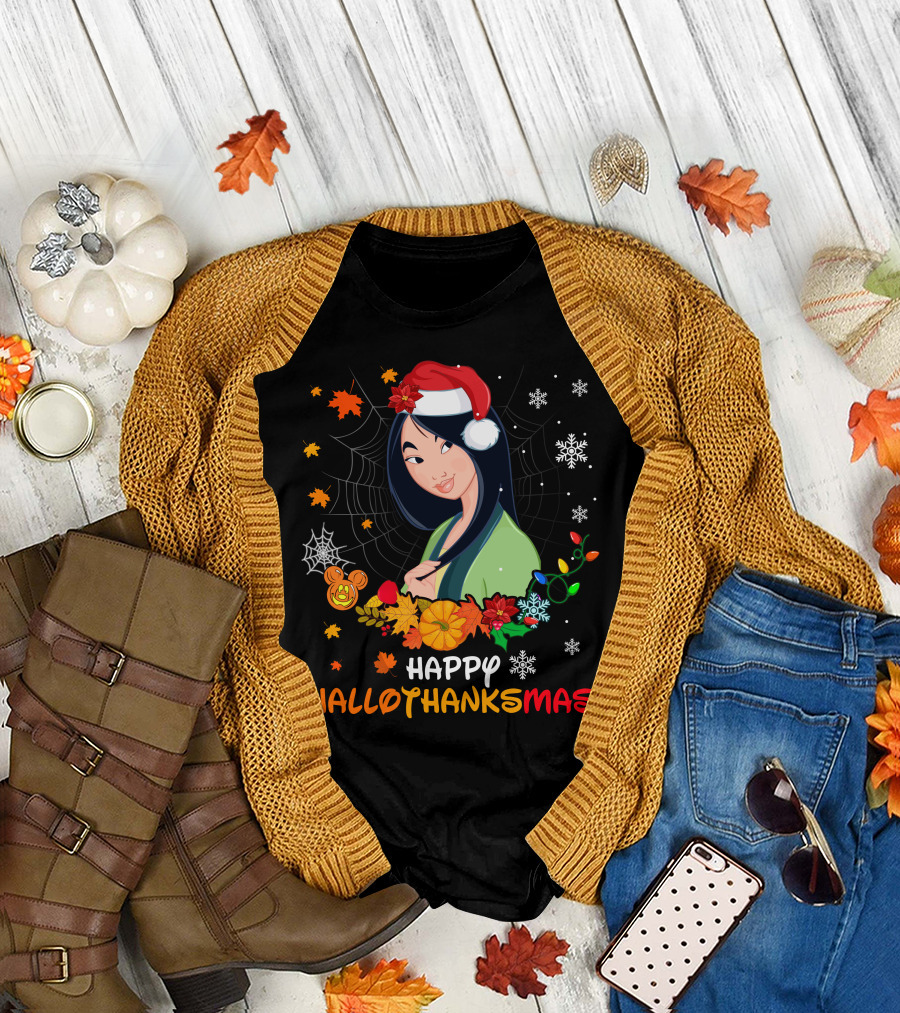 Happy Hallothanksmas Mulan Snowflakes Santa Hat Leaves T-Shirt