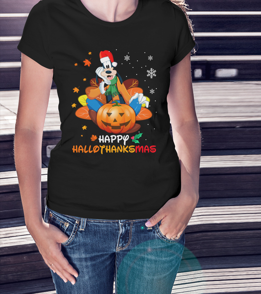 Happy Hallothanksmas Goober Leaves Pumpkin Snowflakes Santa Hat T-Shirt