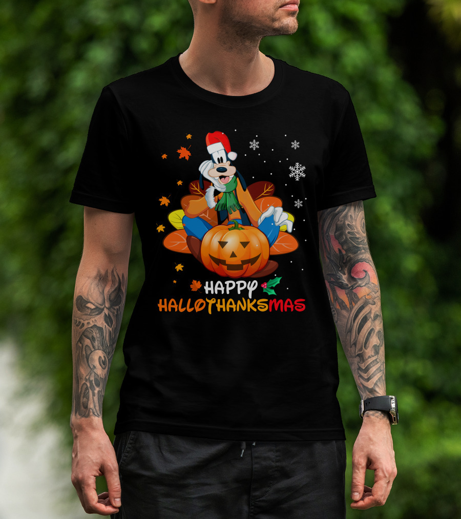 Happy Hallothanksmas Goober Leaves Pumpkin Snowflakes Santa Hat T-Shirt
