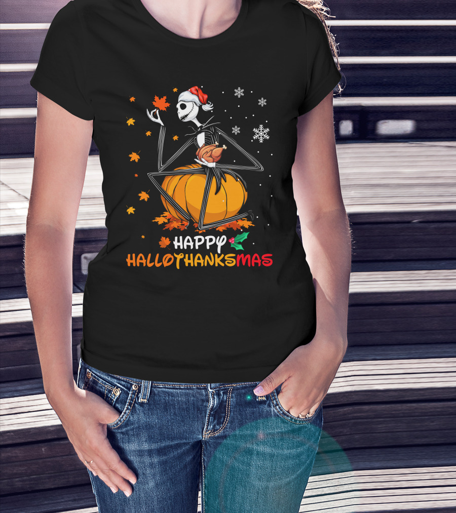 Happy Hallowthanksmas Jack Skellington Pumpkin Turkey Snowflakes T-Shirt