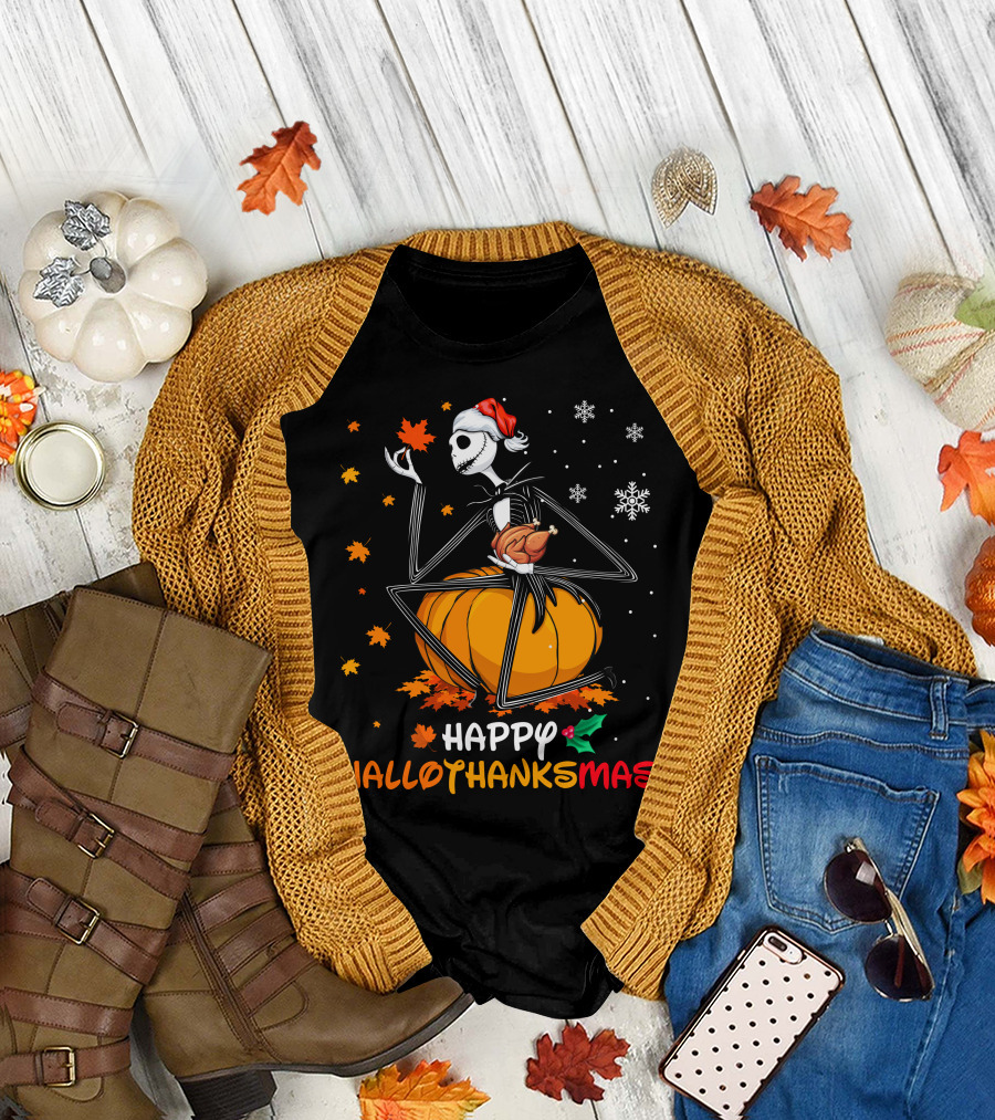 Happy Hallowthanksmas Jack Skellington Pumpkin Turkey Snowflakes T-Shirt