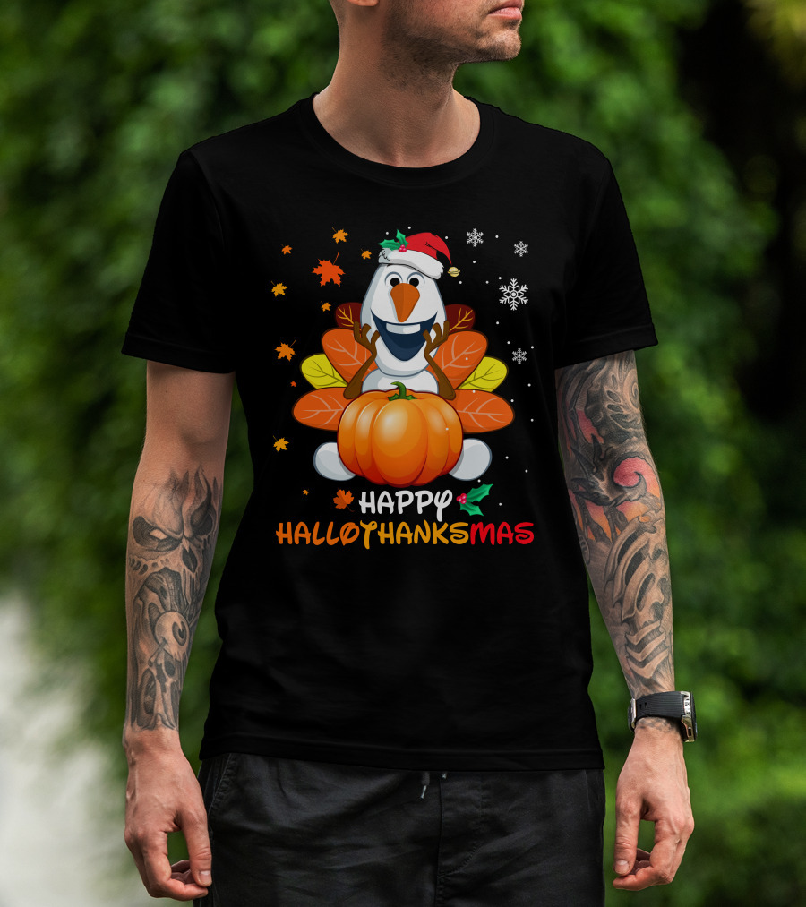 Happy Hallothanksmas Olaf Pumpkin Snowman Santa Hat Snowflakes T-Shirt