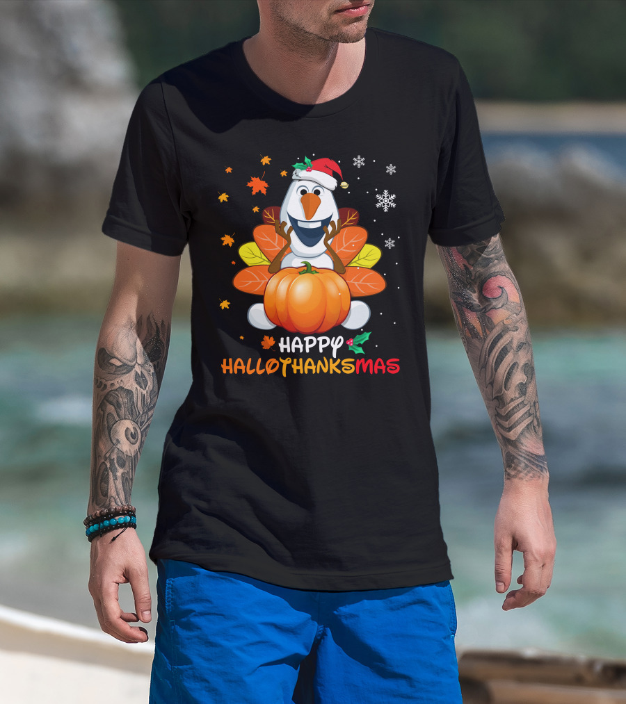 Happy Hallothanksmas Olaf Pumpkin Snowman Santa Hat Snowflakes T-Shirt