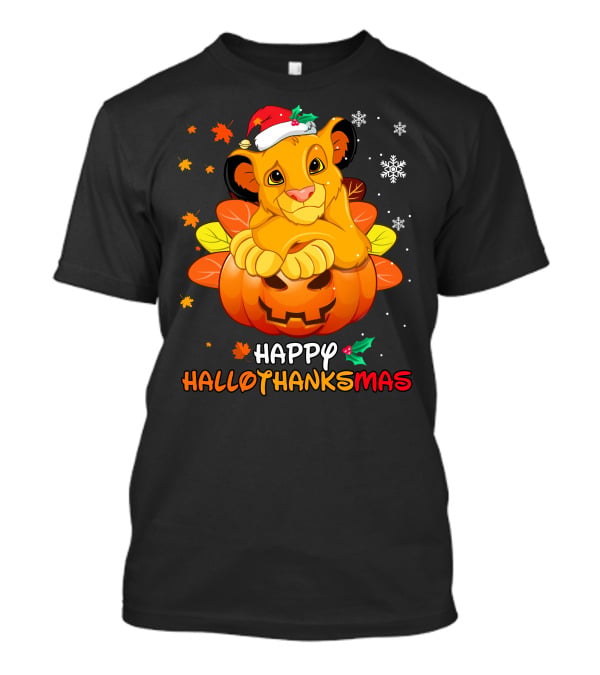 Happy Hallothanksmas Simba Pumpkin Santa Hat Snowflakes T-Shirt