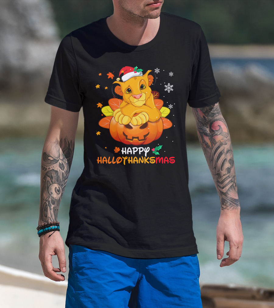 Happy Hallothanksmas Simba Pumpkin Santa Hat Snowflakes T-Shirt