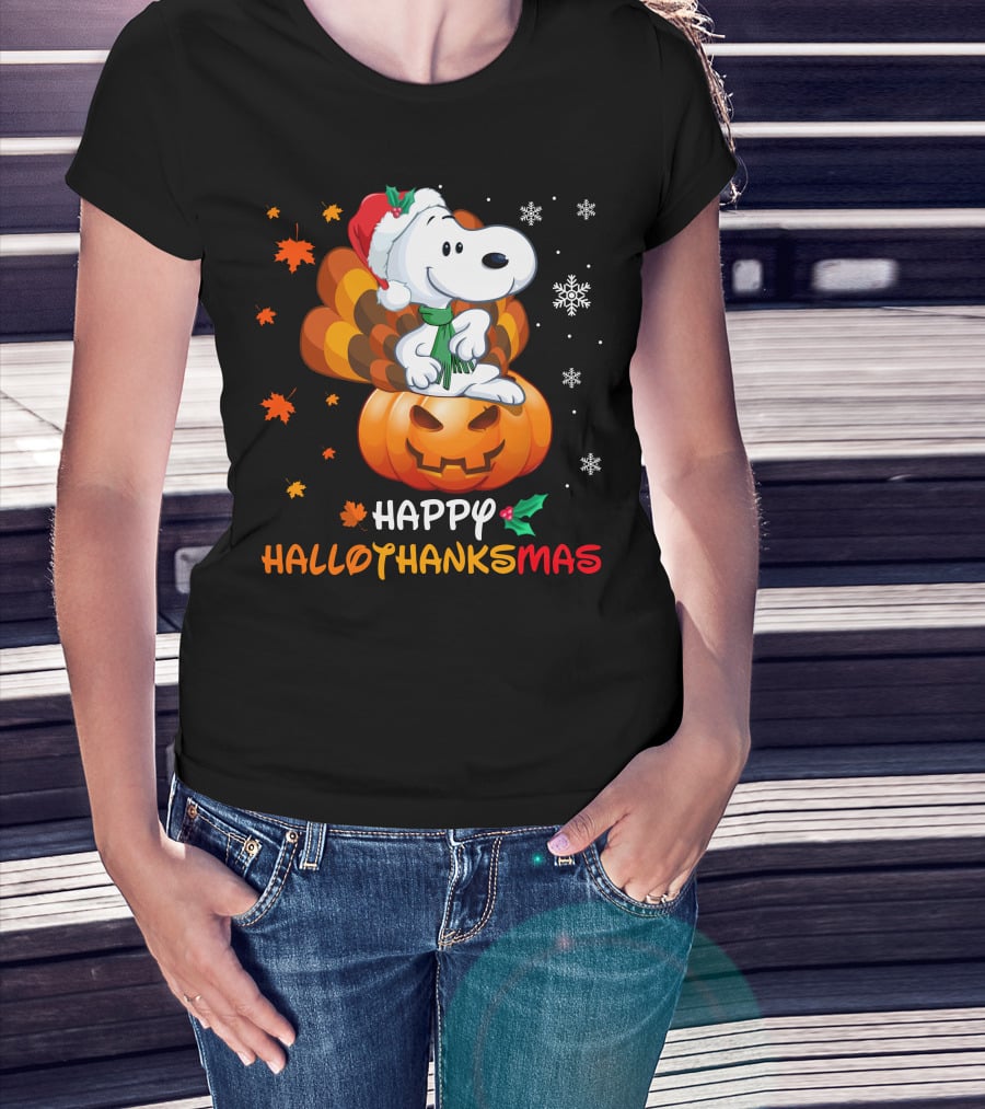 Snoopy Happy Hallothanksmas Pumpkin Snowflakes Santa Hat Scarf T-Shirt