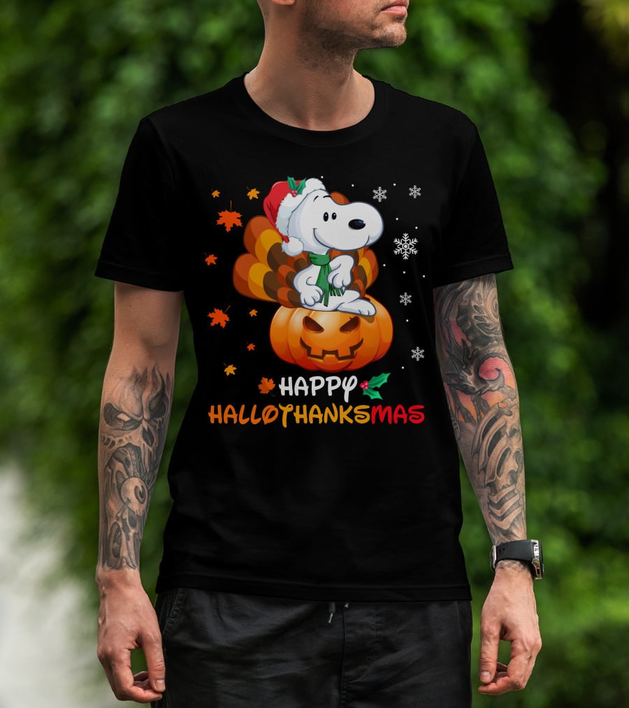 Snoopy Happy Hallothanksmas Pumpkin Snowflakes Santa Hat Scarf T-Shirt